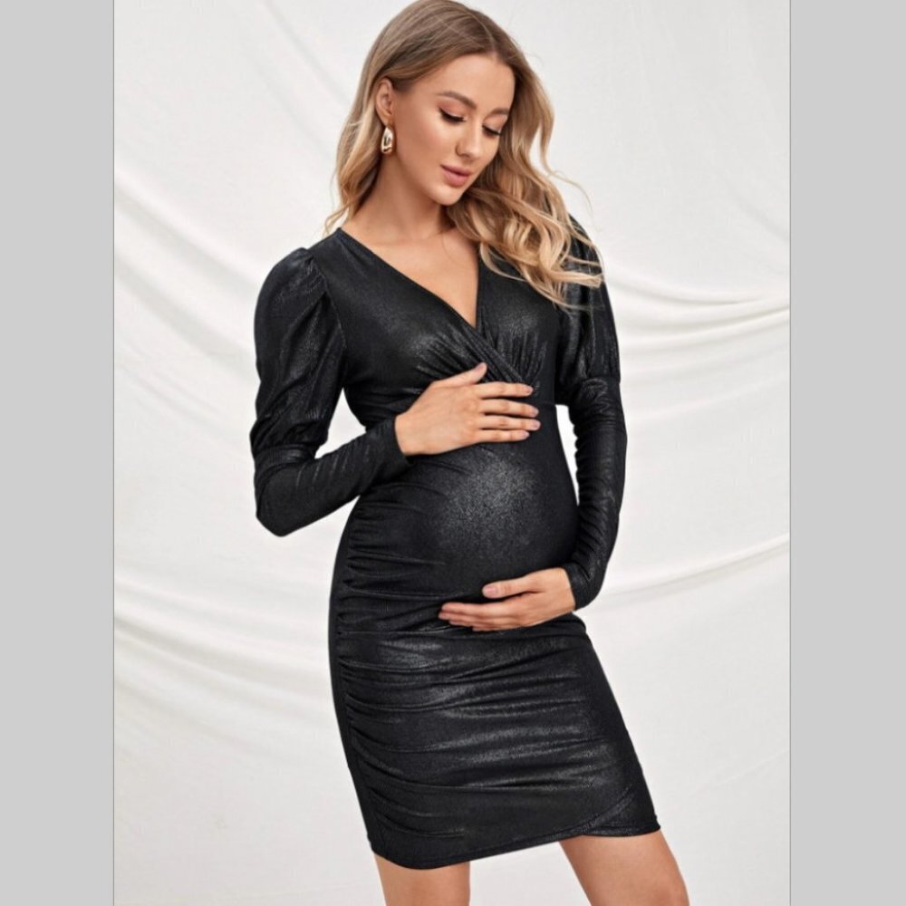 NWT Maternity black dress occasional party elegant short long sleeve above knee